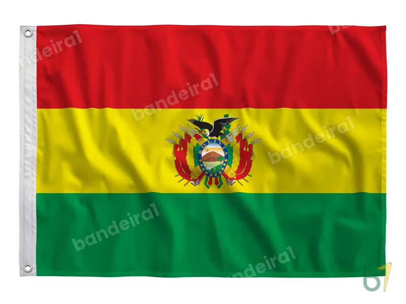 Bandeira da Bolívia com Brasão — poliéster — vista frontal