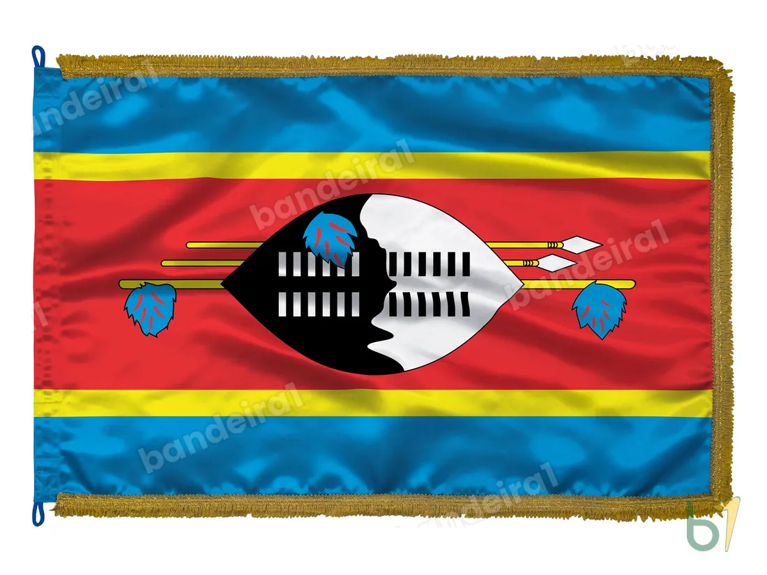 Bandeira de Essuatíni (Suazilândia) — cetim com franja ouro velho