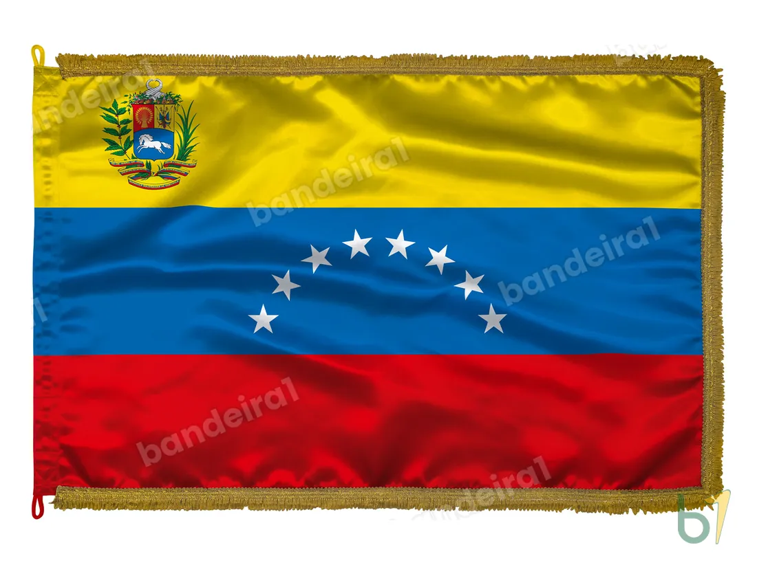 Bandeira da Venezuela com Brasão — cetim com franja ouro velho
